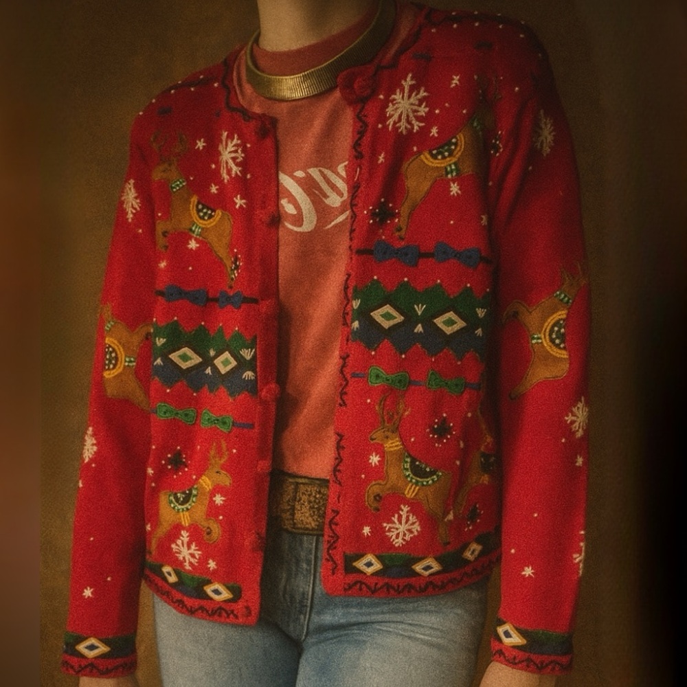 Vtg Designers Originals Red Rami Christmas Reindeer Embroidered Cardigan